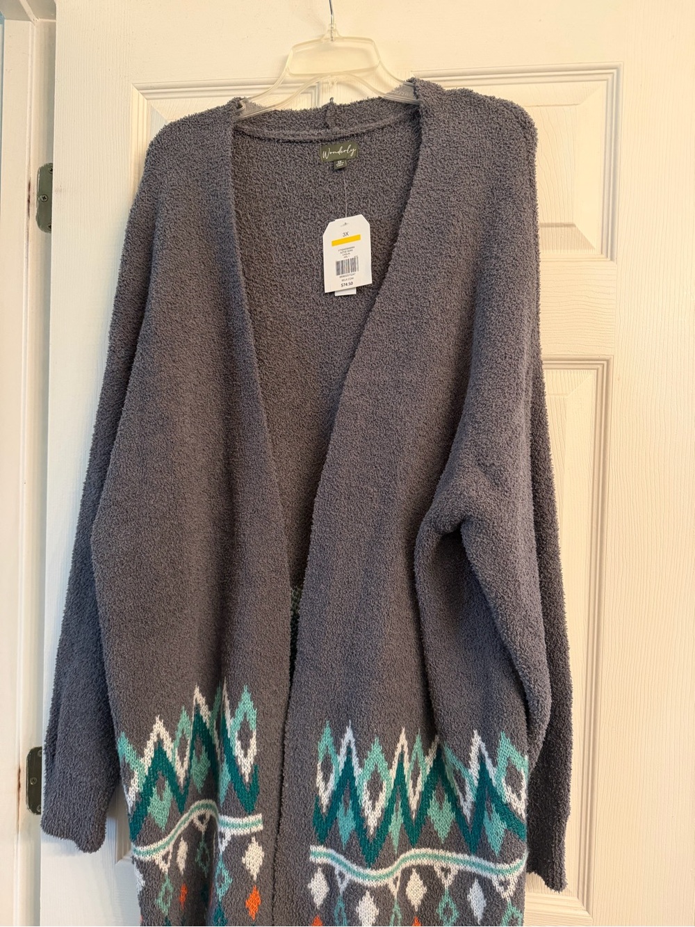 Wonderly Open-Front Gray Sweater Cardigan with Teal & White Pattern